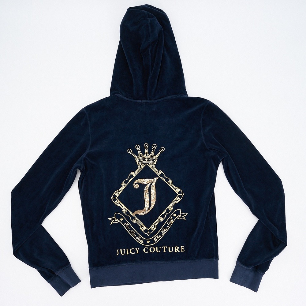 Vintage Juicy Couture Navy Velour Zip-Up Hoodie Gold Sequin J Crown USA Made